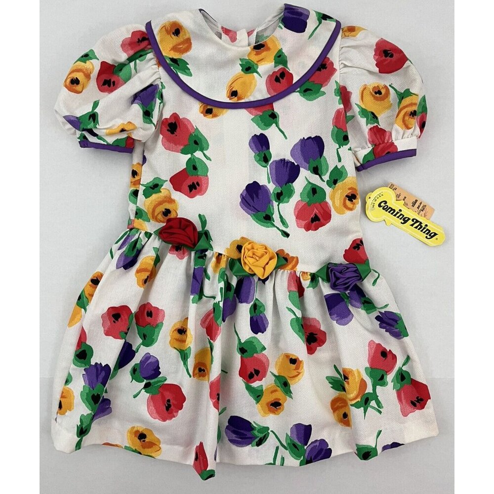 Vintage Coming Thing Girl's 6 Dress Floral Flower Round Collar NOS NEW
